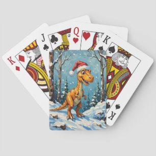Vintage Dinosaur with Santa Hat Christmas Scene Poker Cards