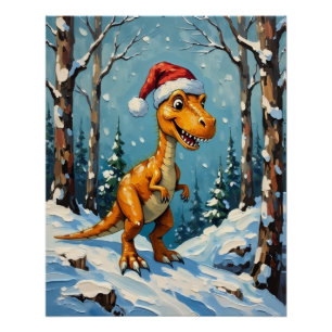 Vintage Dinosaur with Santa Hat Christmas Scene Poster