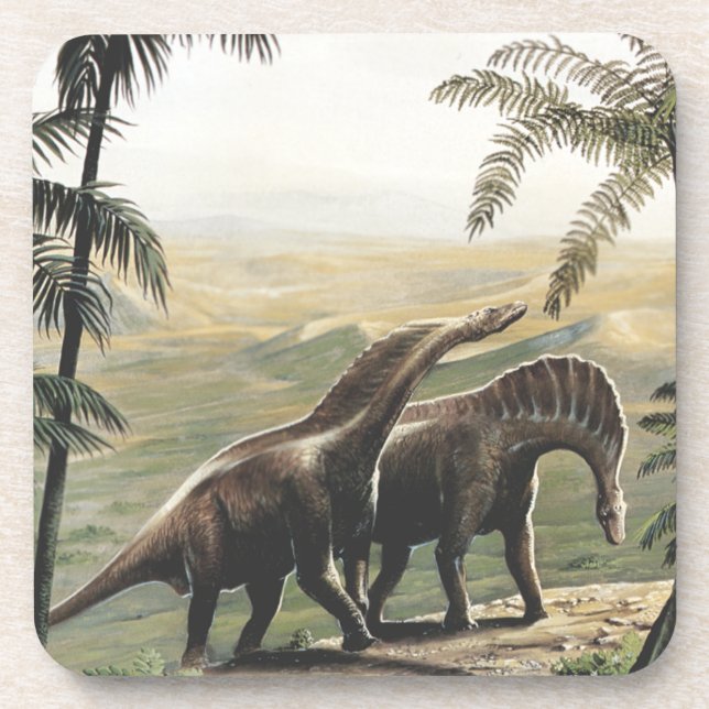 Vintage Dinosaurs, Amargasaurus with Palm Trees Beverage Coaster (Front)