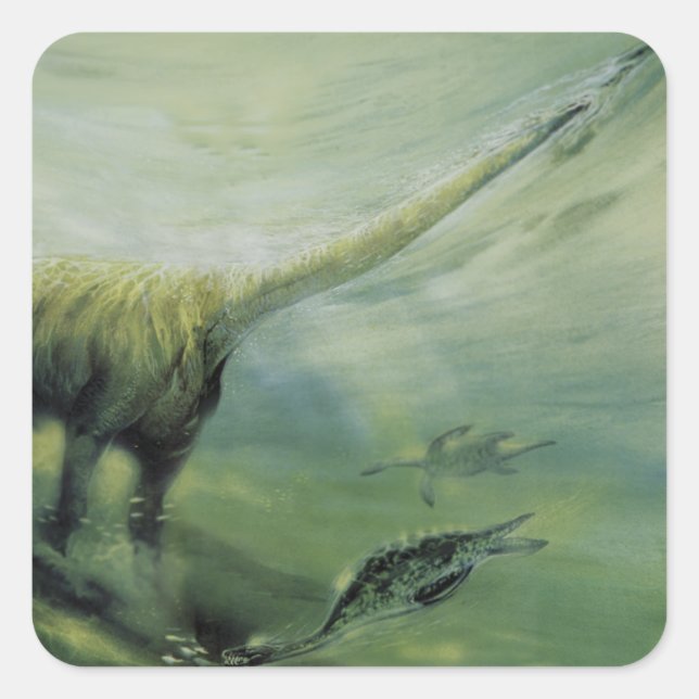 Vintage Dinosaurs, Brachiosaurus Swimming in Ocean Square Sticker (Front)