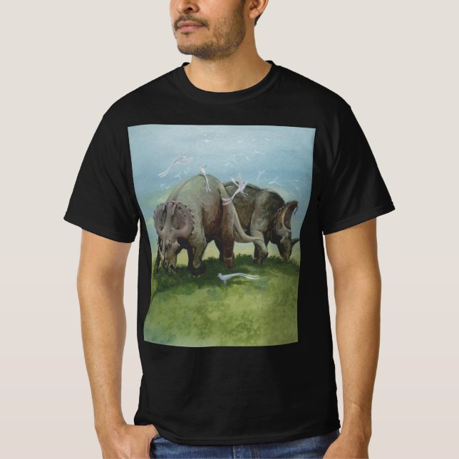 Vintage Dinosaurs, Centrosaurus Grazing in Meadow T-Shirt (Front)