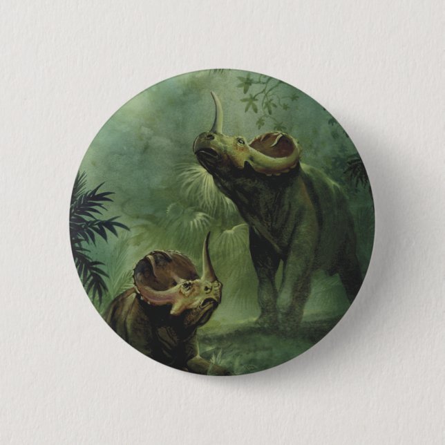Vintage Dinosaurs, Centrosaurus in the Jungle Pinback Button (Front)