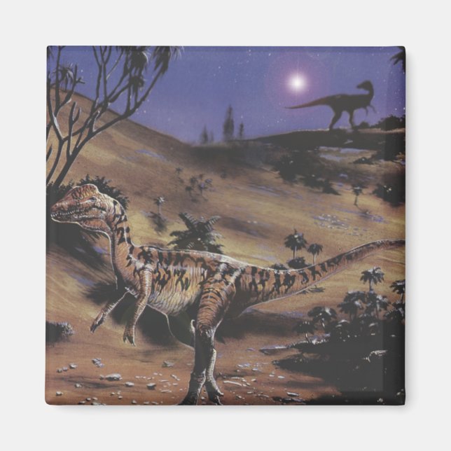 Vintage Dinosaurs, Dilophosaurus on a Starry Night Magnet (Front)