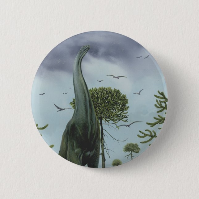Vintage Dinosaurs, Sauroposeidon with Birds Flying Pinback Button (Front)