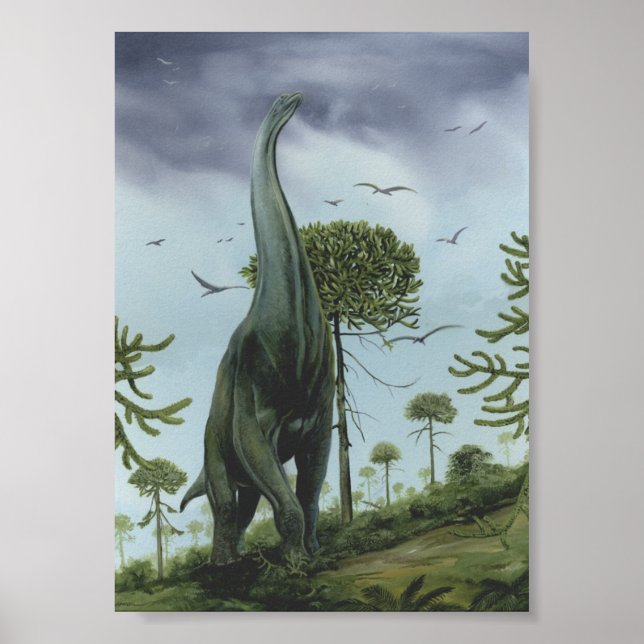 Vintage Dinosaurs, Sauroposeidon with Birds Flying Poster (Front)