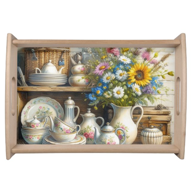 Vintage Dishes Teapot  vase of Flowers  Serving Tray (Front)