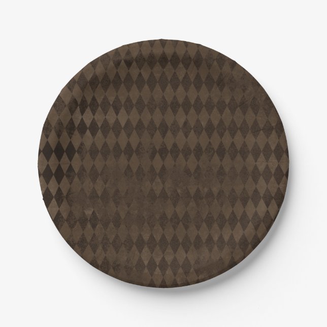 Vintage Distressed Brown Harlequin  Paper Plates (Front)
