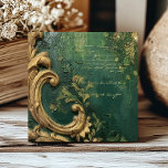 Vintage Distressed Emerald Green Gold Script Ceramic Tile<br><div class="desc">A vintage-inspired design featuring distressed paint textures and faux bas relief foliage elements in dark emerald green and gold,  embellished with gold handwriting script. [NOTE: The surface of the tile is flat,  not raised; the effects are part of a flat printed image.]</div>