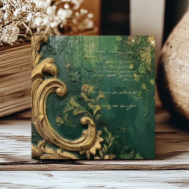 Vintage Distressed Emerald Green Gold Script Ceramic Tile (Creator Uploaded)