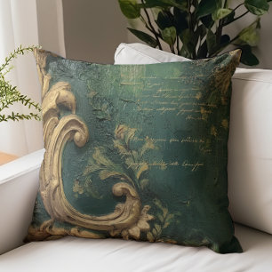 Vintage Distressed Emerald Green Gold Script Throw Pillow