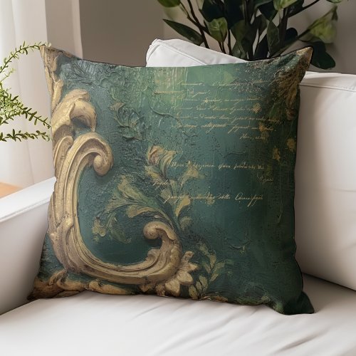 Vintage Distressed Emerald Green Gold Script Throw Pillow