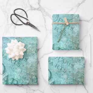 Vintage Distressed Fashion Paris Turquoise Aqua Wrapping Paper Sheets