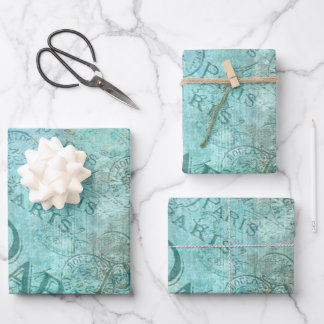 Vintage Distressed Fashion Paris Turquoise Aqua Wrapping Paper Sheets