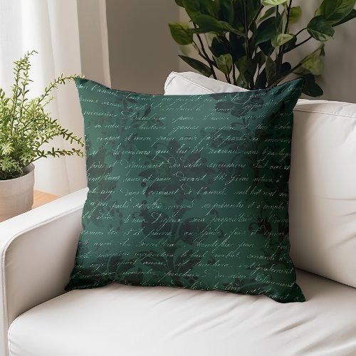 Vintage Distressed Floral Script Emerald Green Throw Pillow