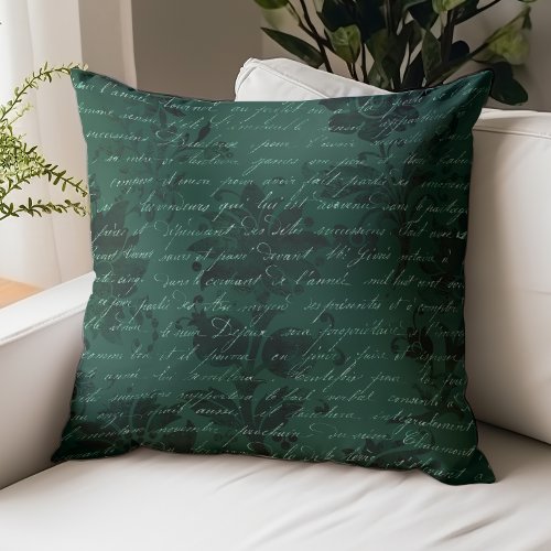 Vintage Distressed Floral Script Emerald Green Throw Pillow
