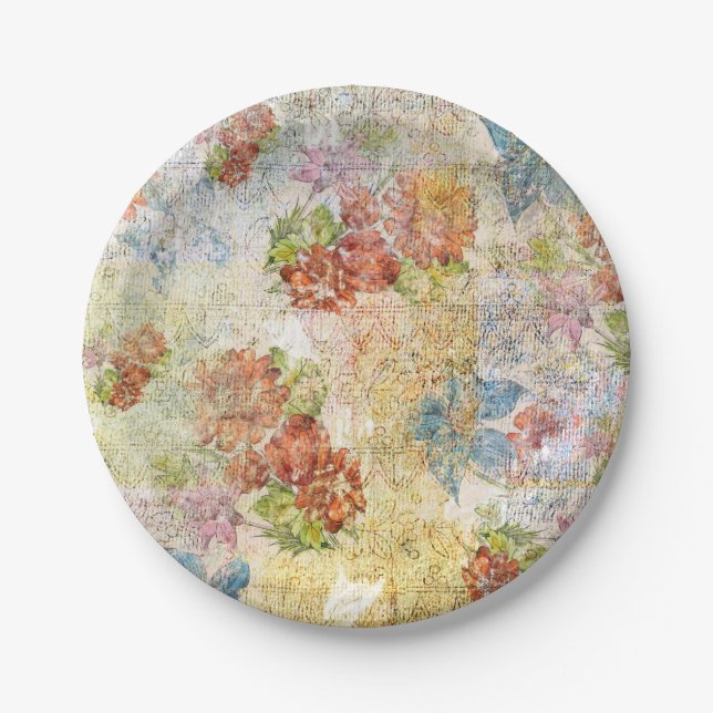 Vintage Distressed Flower Pattern Paper Plates (Front)