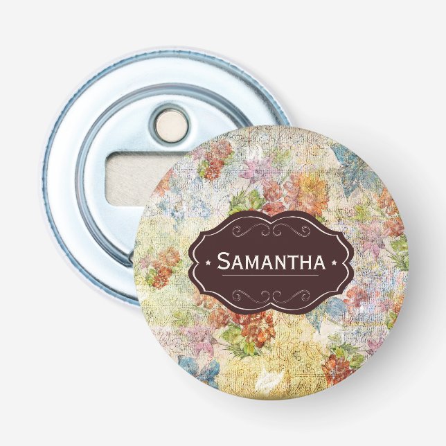 Vintage Distressed Flower Pattern Personalised Bottle Opener (Front)