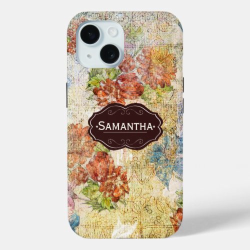 Vintage Distressed Flower Pattern Personalised iPhone 15 Case