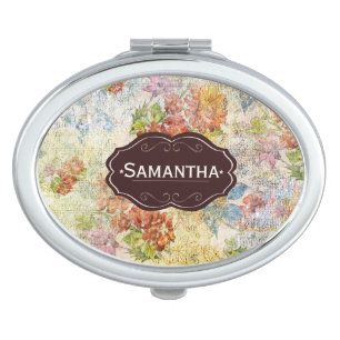 Vintage Distressed Flower Pattern Personalised Compact Mirror