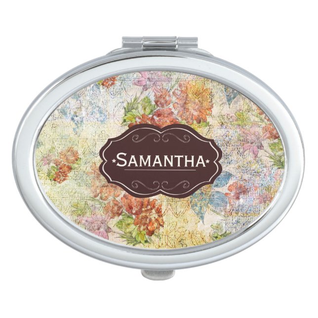Vintage Distressed Flower Pattern Personalised Compact Mirror (Front)