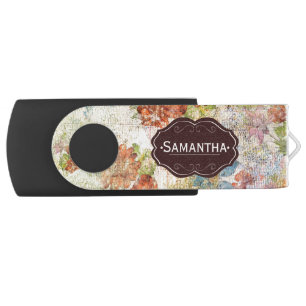 Vintage Distressed Flower Pattern Personalised Flash Drive