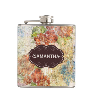 Vintage Distressed Flower Pattern Personalised Flask