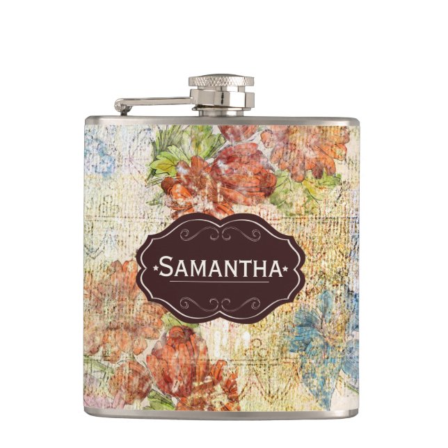 Vintage Distressed Flower Pattern Personalised Flask (Front)