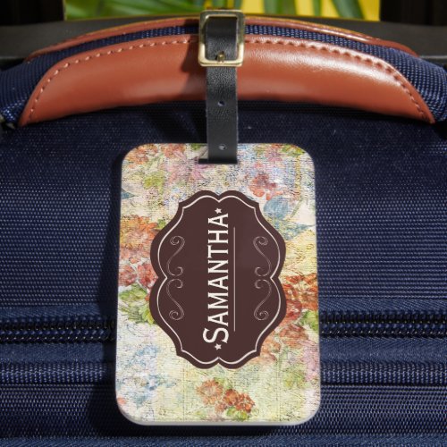 Vintage Distressed Flower Pattern Personalised Luggage Tag
