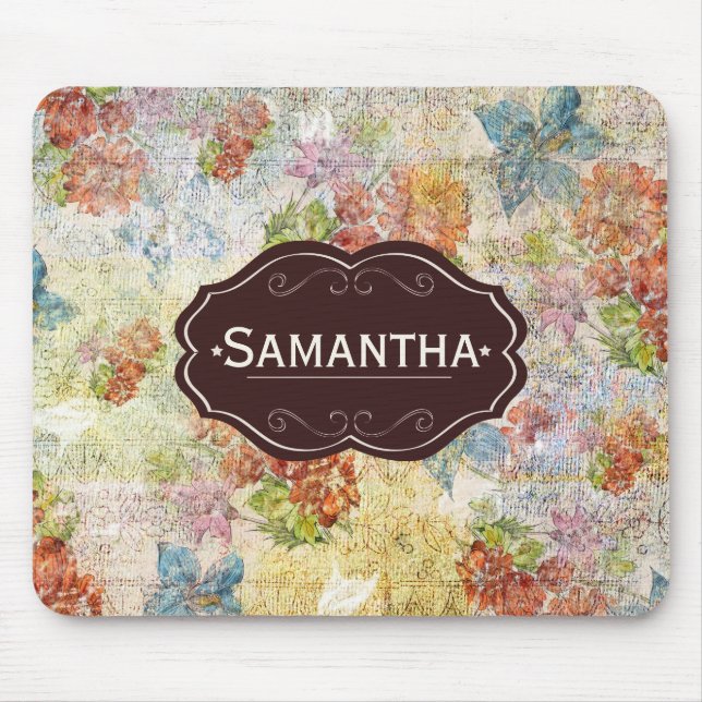 Vintage Distressed Flower Pattern Personalised Mouse Pad (Front)