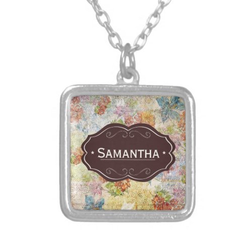 Vintage Distressed Flower Pattern Personalised Silver Plated Necklace