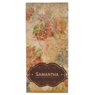 Vintage Distressed Flower Pattern Personalised Wood Flash Drive