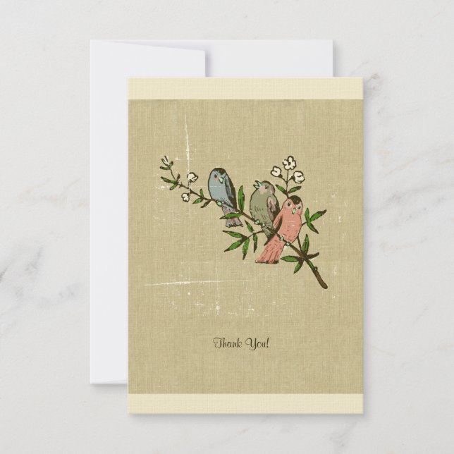 Vintage Distressed Linen Birds Thank You Notes (Front)