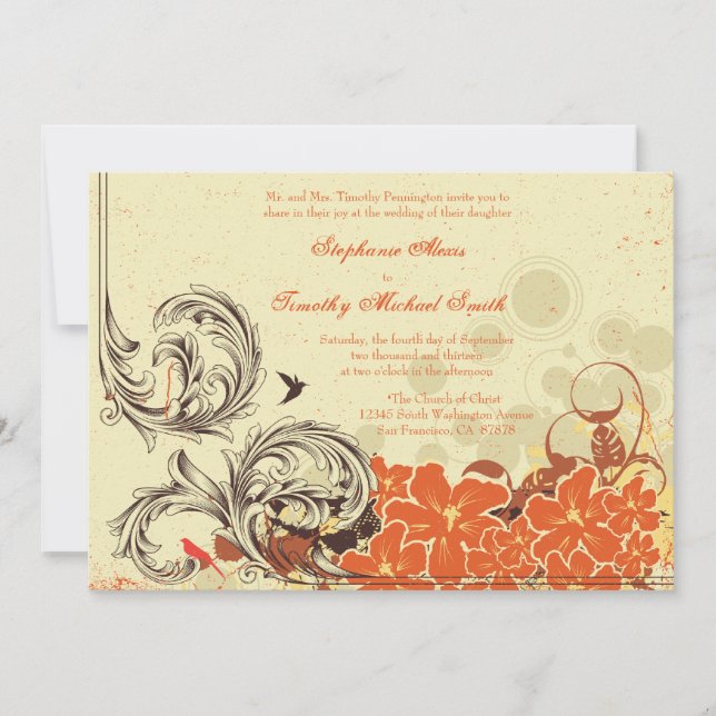 Vintage distressed orange floral wedding invite (Front)