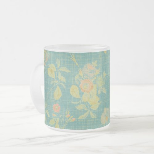 Vintage Distressed Spring Floral Teal Pattern Frosted Glass Coffee Mug
