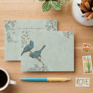 Vintage Distressed Teal Birds Wedding Envelope
