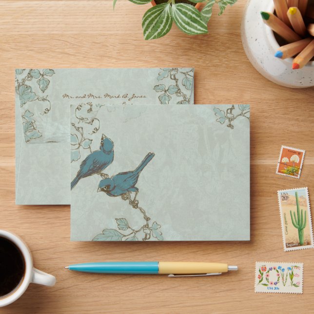 Vintage Distressed Teal  Birds Wedding Envelope (Desk)