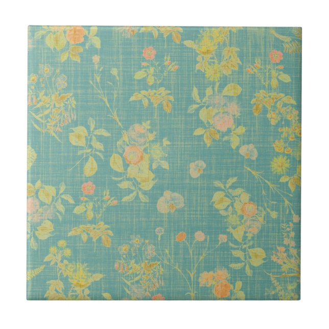Vintage Distressed Teal Spring Floral Pattern Ceramic Tile (Front)