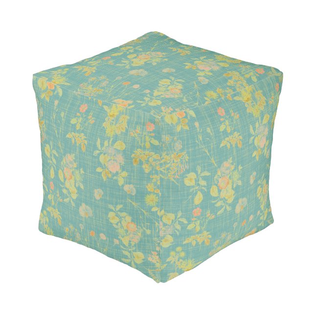 Vintage Distressed Teal Spring Floral Pattern Pouf (Angled Front)