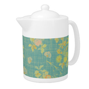 Vintage Distressed Teal Spring Floral Pattern Teapot
