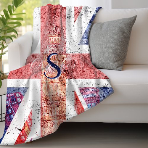 Vintage Distressed Union Jack Flag Monogram Fleece Blanket