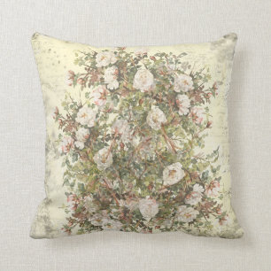 Vintage Distressed White Boho Rose Throw Pillow