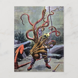 Vintage Diver Octopus Fight Postcard