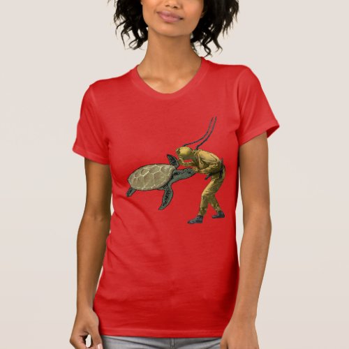 Vintage Diver with Diving Helmet and a Huge Turtle T_Shirt