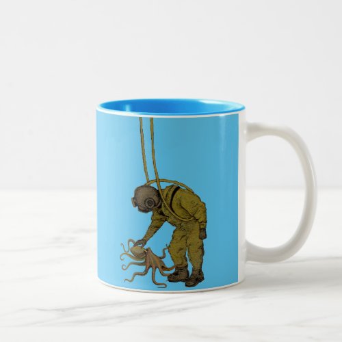 Vintage Diver with Diving Helmet and an Octopus Two_Tone Coffee Mug
