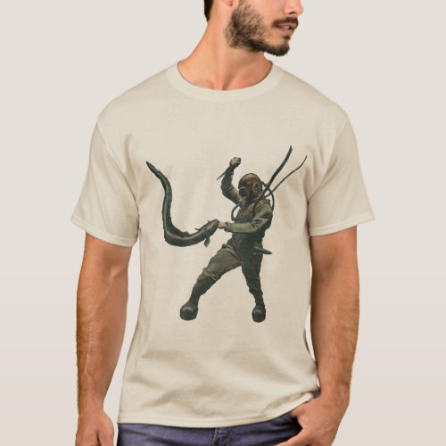 Vintage Diver with Diving Helmet Fighting an Eel T_Shirt