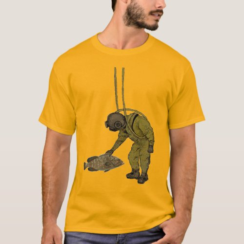 Vintage Diver with Diving Helmet Petting a Fish T_Shirt