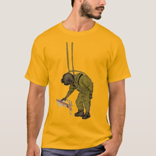 Vintage Diver with Diving Helmet Petting a Squid T_Shirt