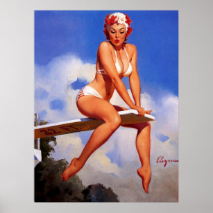 Vintage Diving Board Swimmer Pin Up Girl Poster