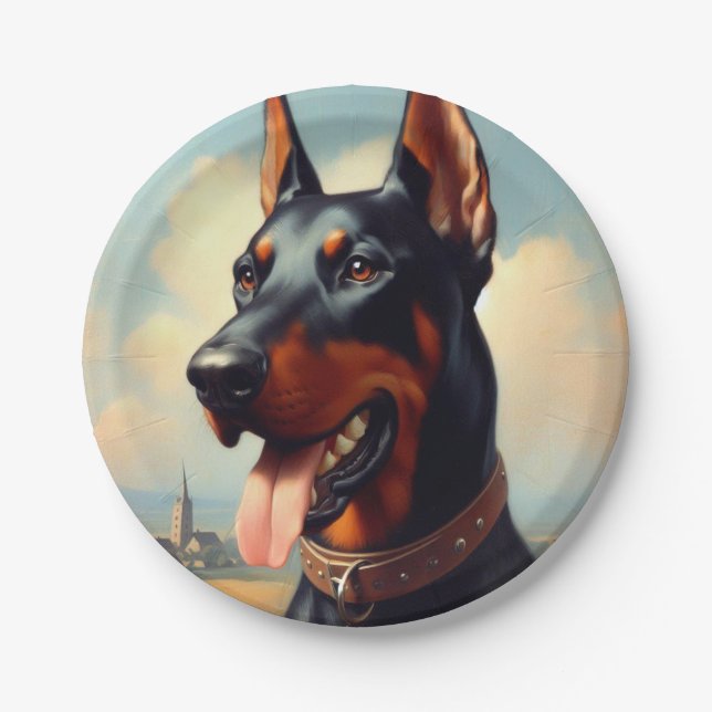 Vintage Doberman Painting Paper Plates (Front)