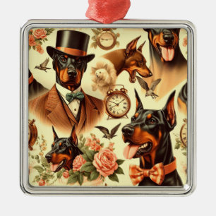 Vintage Doberman Seamless Illustration Metal Ornament